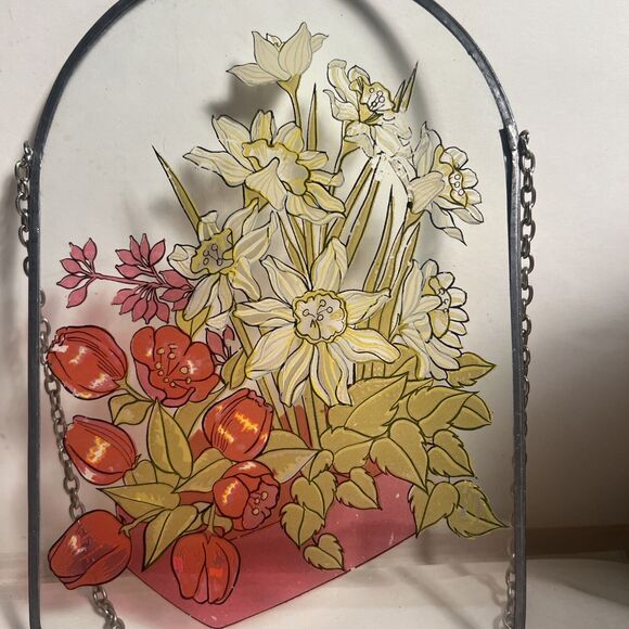 Window Picture, Basket Of Assorted Flowers  Hanging Floral Art 8”x5.5” - Picture 2 of 7